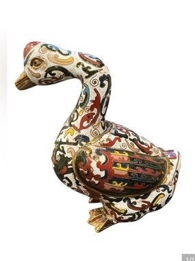Vintage Cloisonné Duck Censer Incense Burner Trinket Box Enamel White Green Red